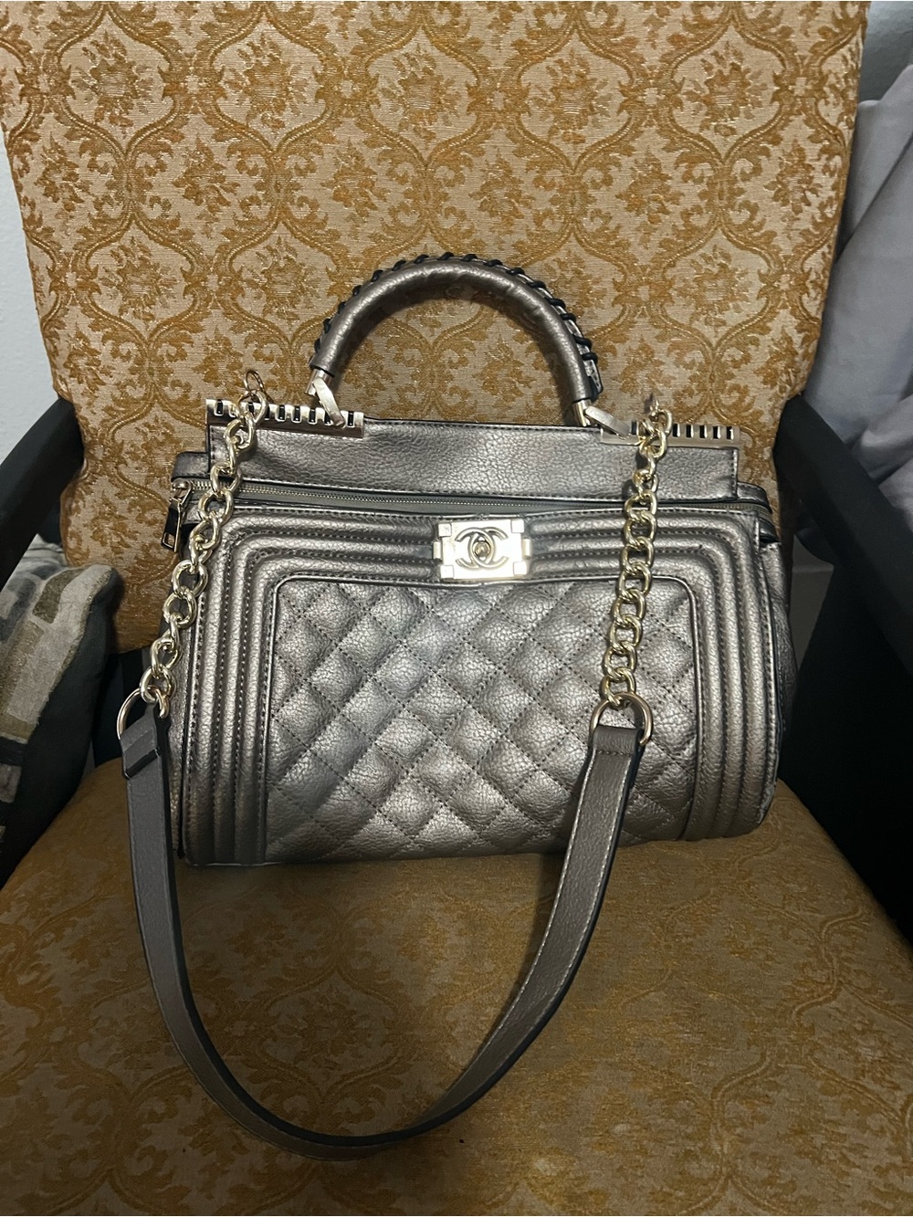 Metallic Quilted Top-Handle Satchel in Silver